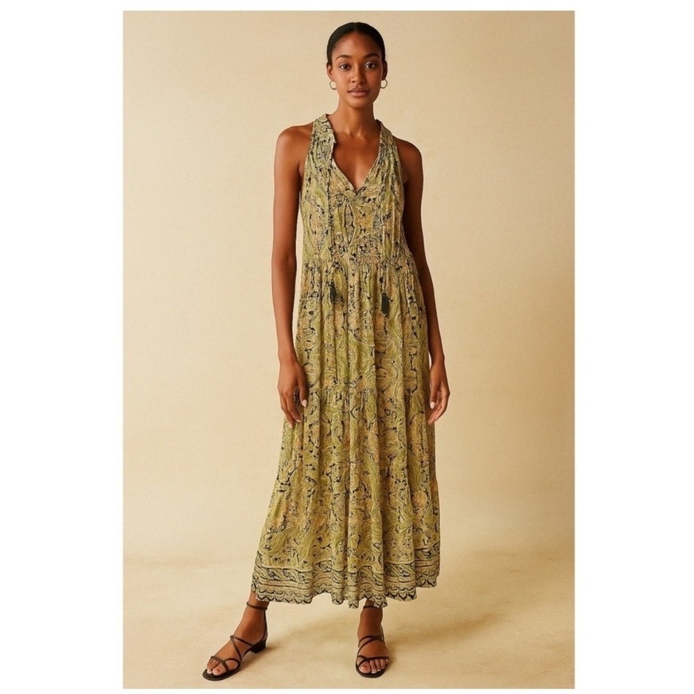 Boemo Floral Paisley Print Maxi Tiered Skirt Dress Sleeveless Ruffled Neck Tie